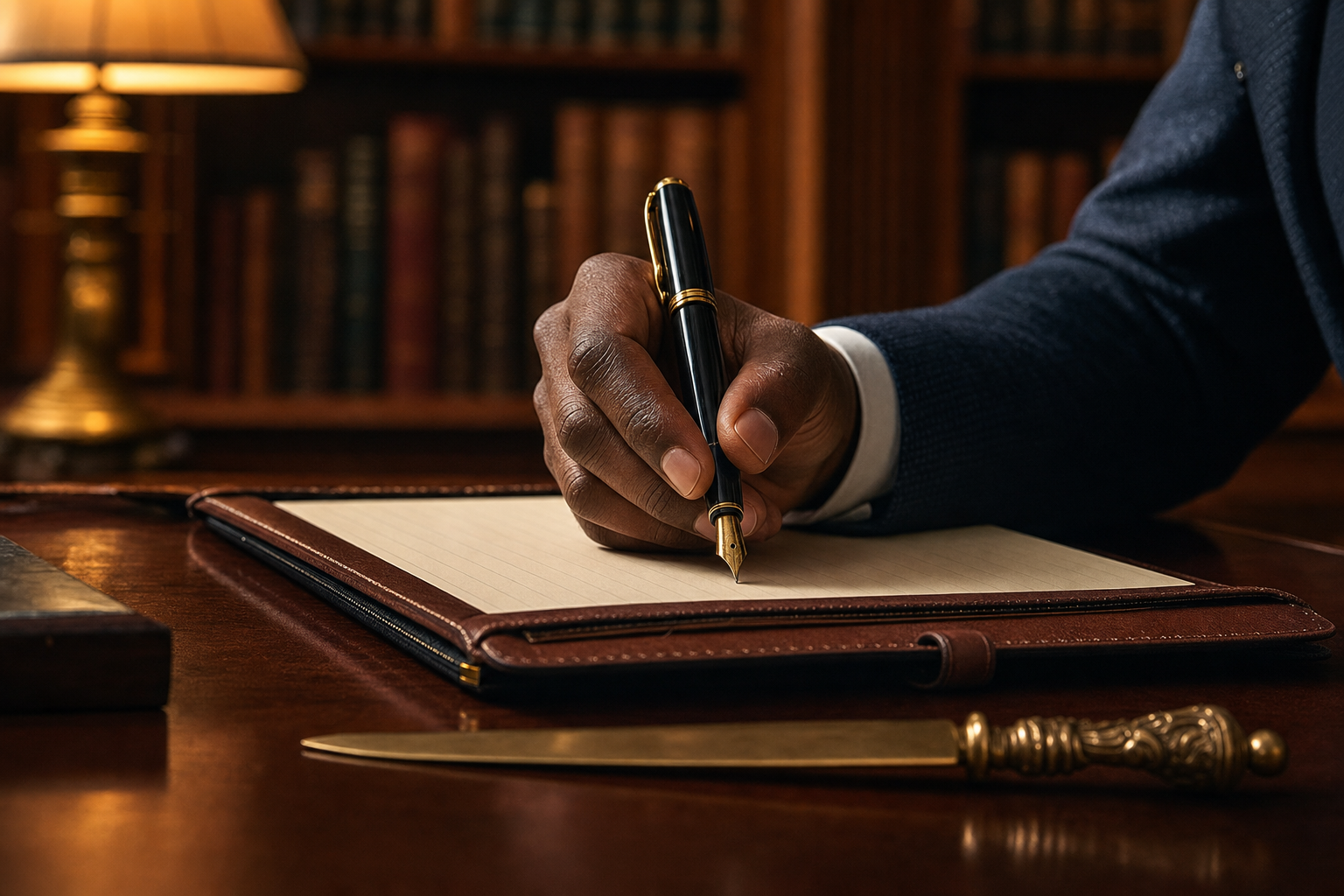 An advocate writing in a leather folio with a fountain pen — chambers library in soft focus behind.