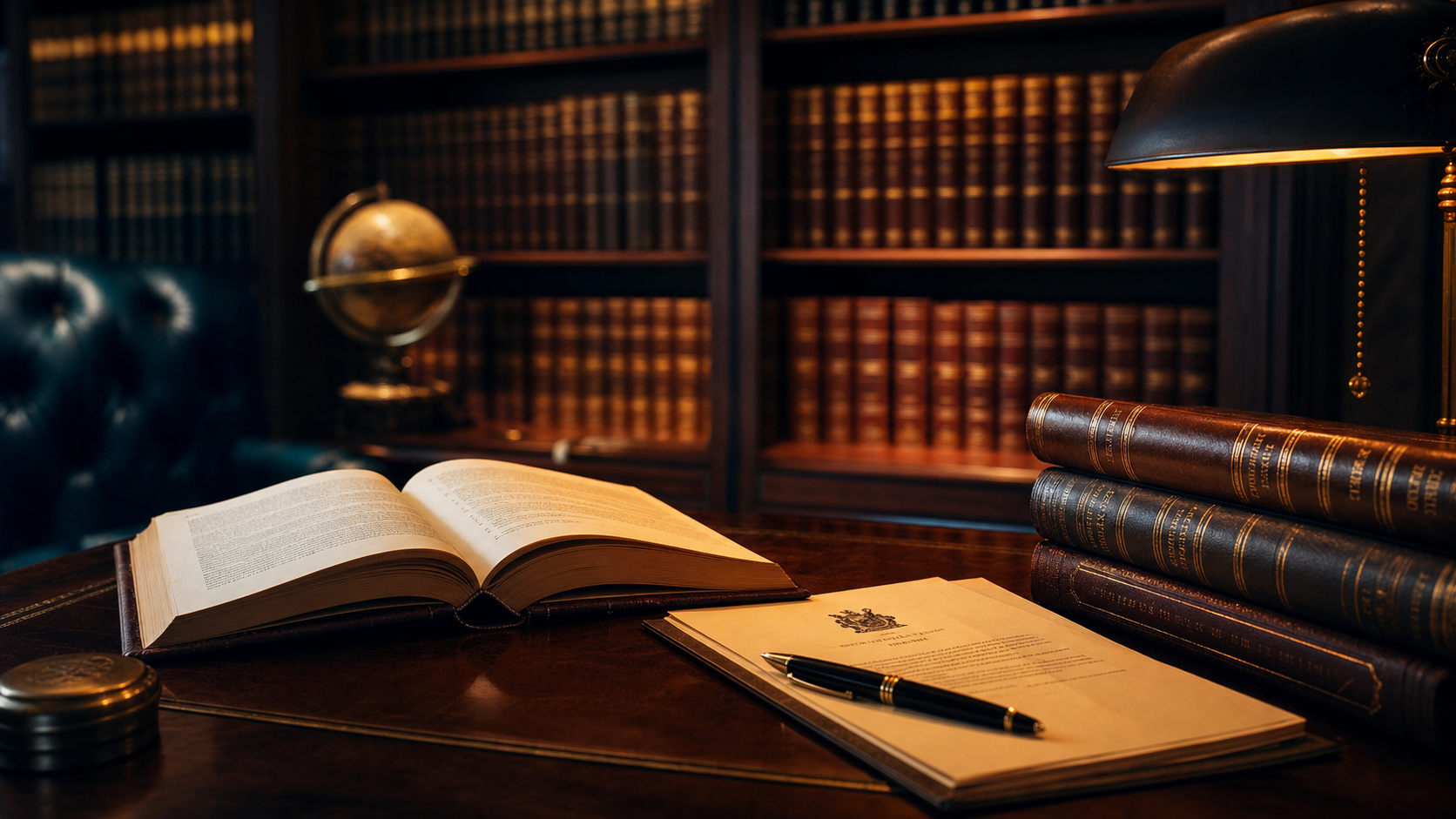 Leather-bound legal volumes, an open tome, and a fountain pen on a mahogany chambers desk.