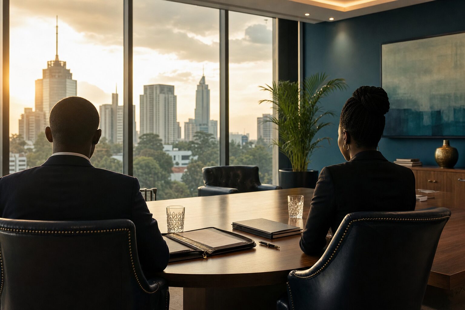 Two professionals in a warm-lit Nairobi law-firm meeting room.
