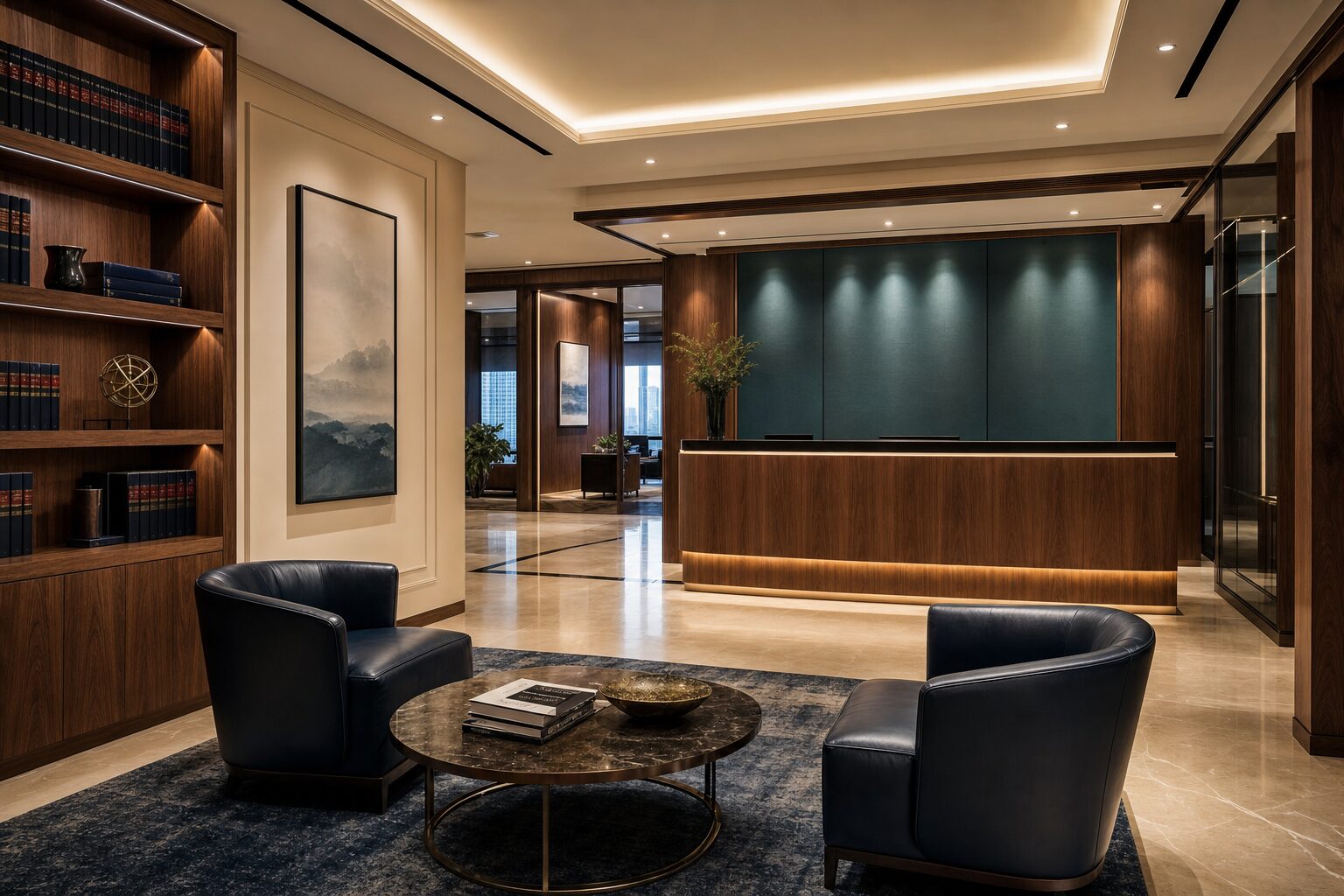 Interior of a modern law-firm reception with warm walnut millwork.