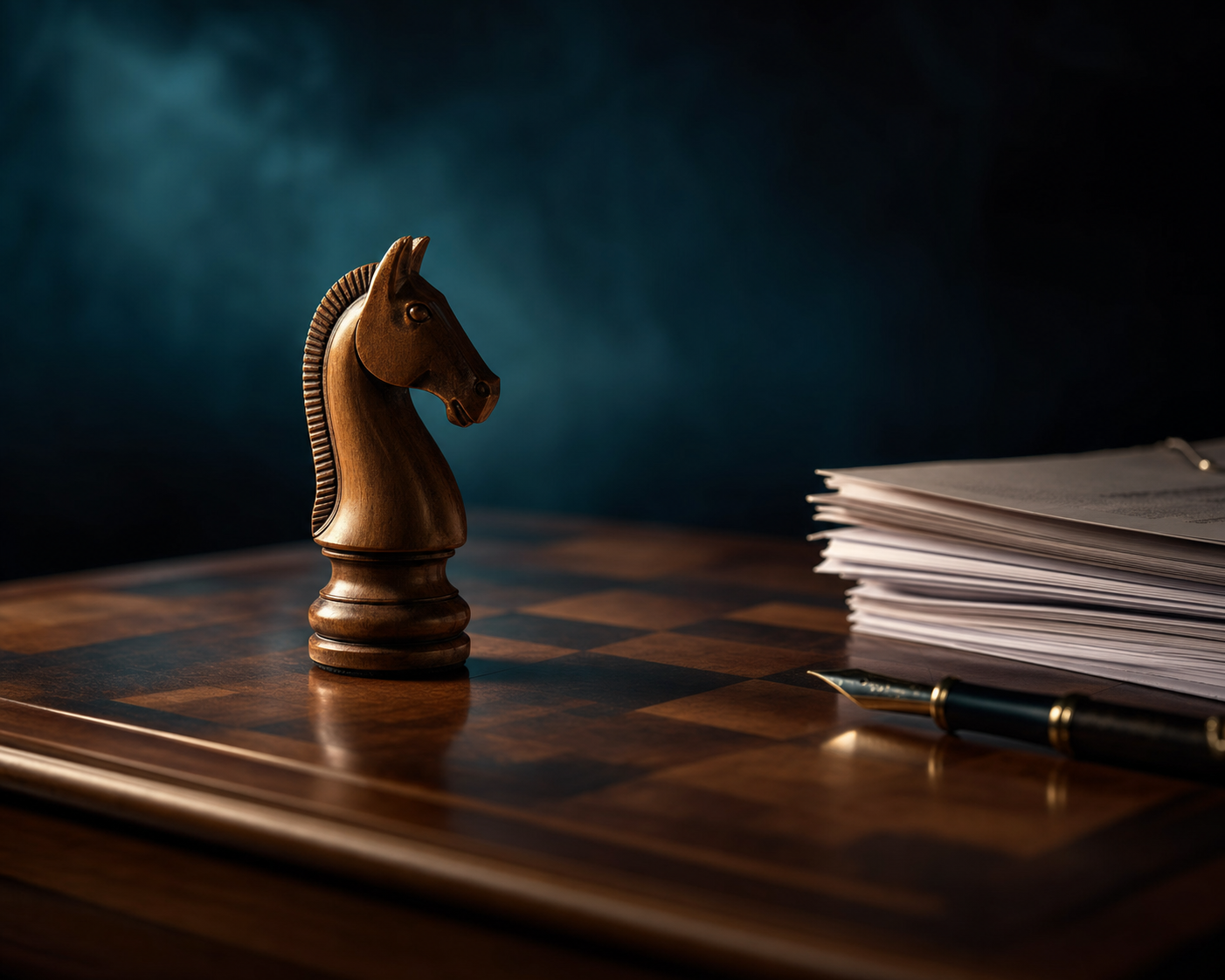 A single wooden chess knight stands alone on an empty board in dramatic lighting
