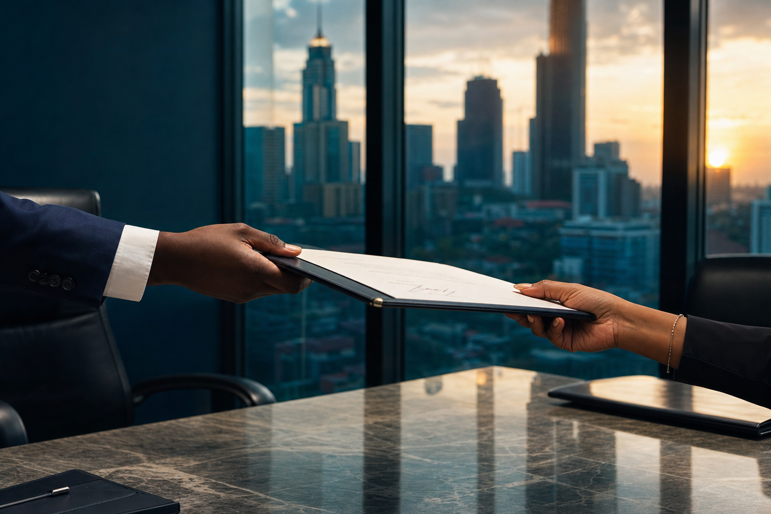 Two hands exchange a contract folder across a marble conference table with the Nairobi skyline behind