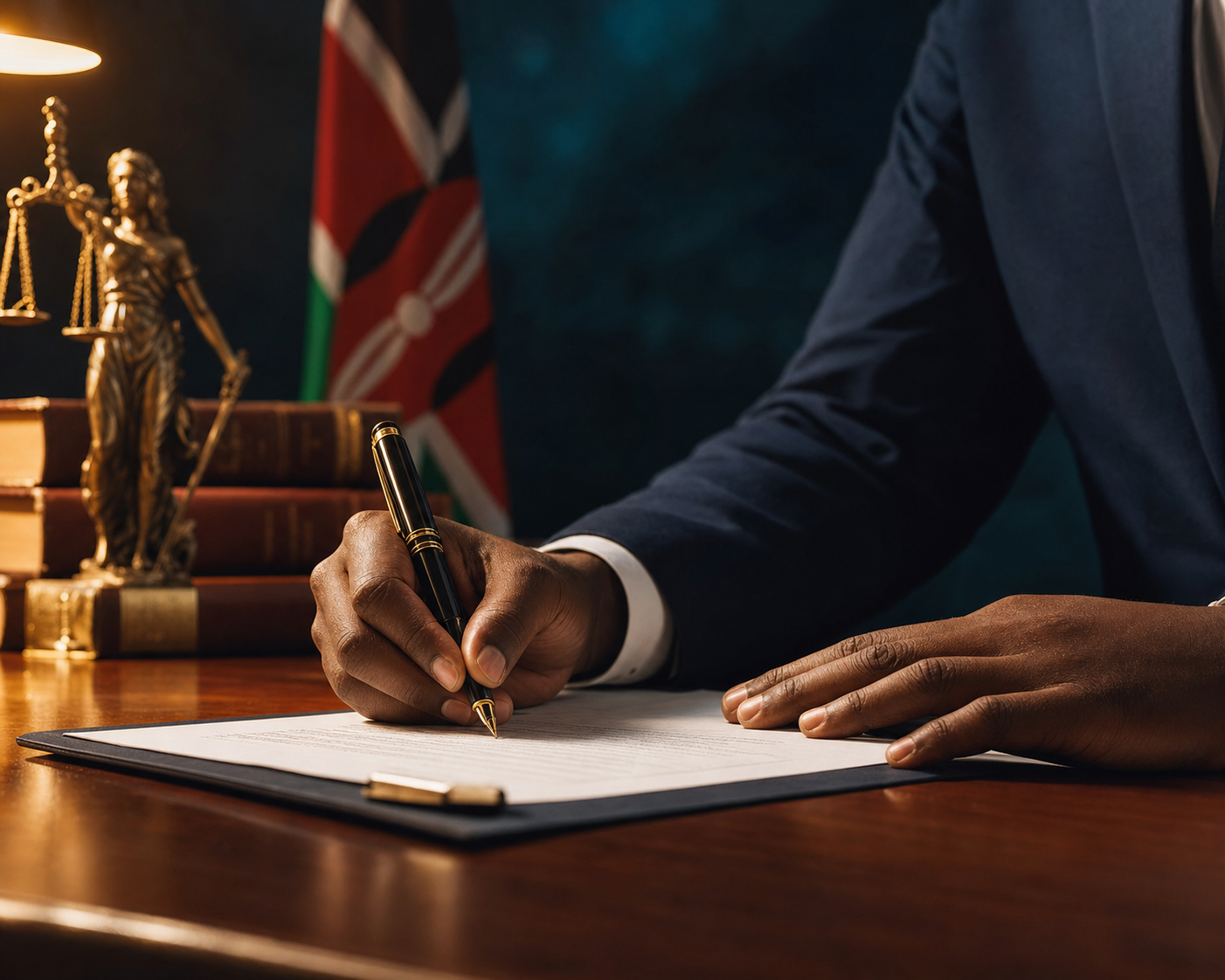 A lawyer signs formal documents at a wooden desk